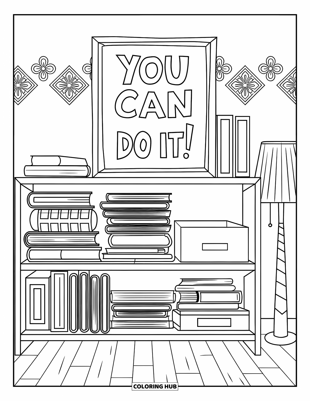 School Supplies Coloring Page for Adults: Bookshelf with textbooks, files, and a framed "You can do it!" quote