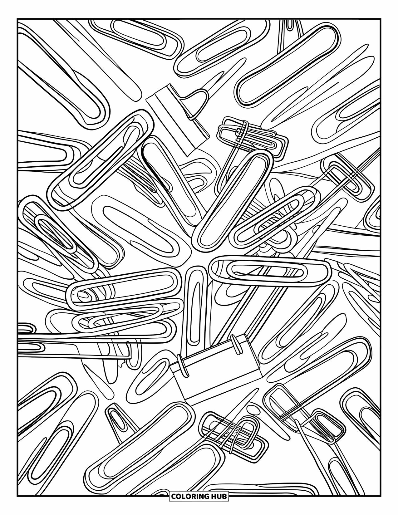 School Supplies Coloring Page for Adults: Paperclips, pushpins, and binder clips fill the page in a detailed doodle cluster