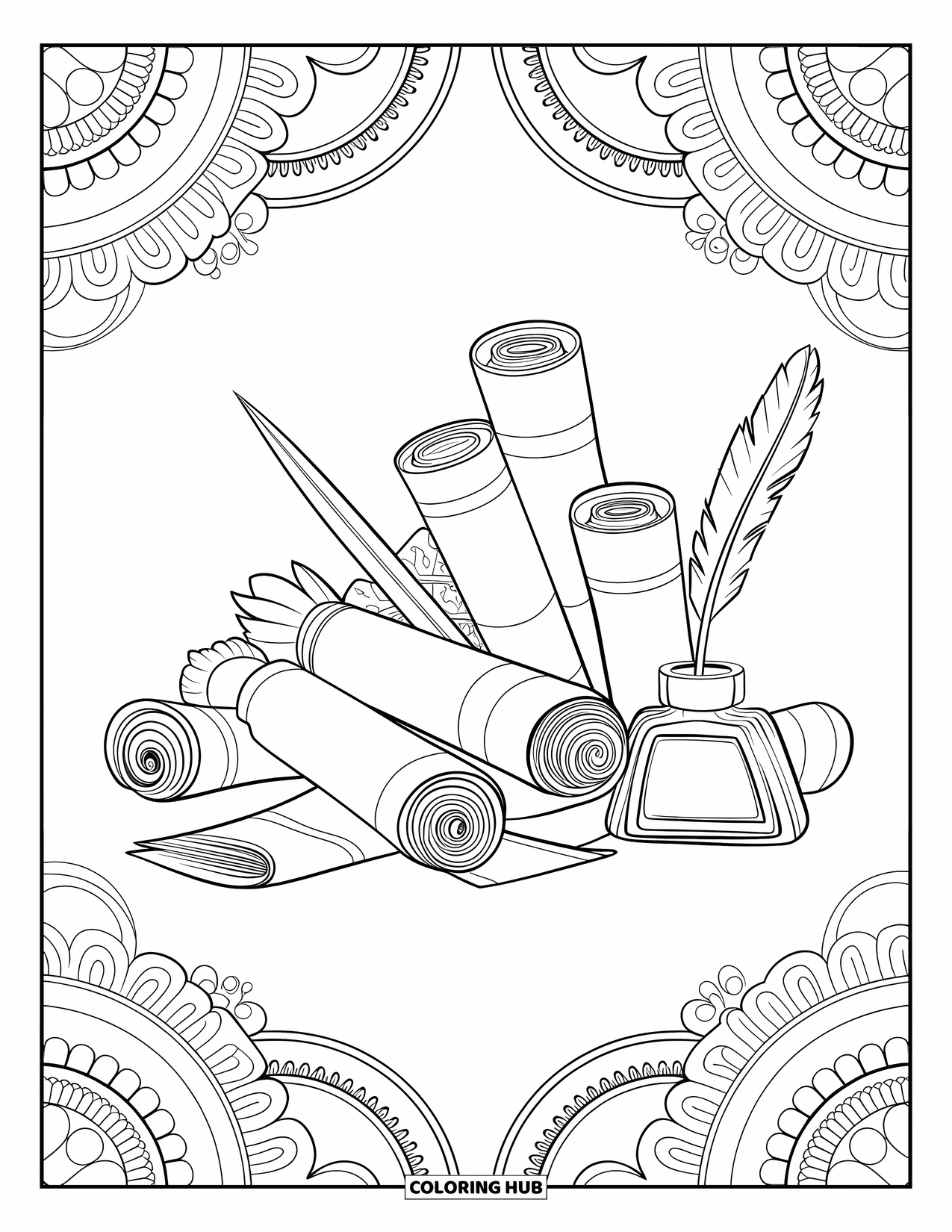 School Supplies Coloring Page for Adults: Patterned scrolls, ink bottles, and quills sit together with tiny decorative touches