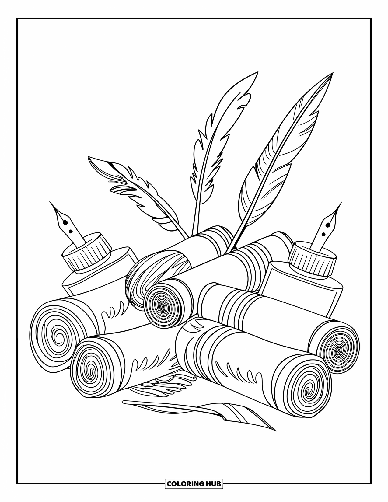 School Supplies Coloring Page for Adults: Rolled scrolls, ink bottles, and quills gather neatly in a creative cluster