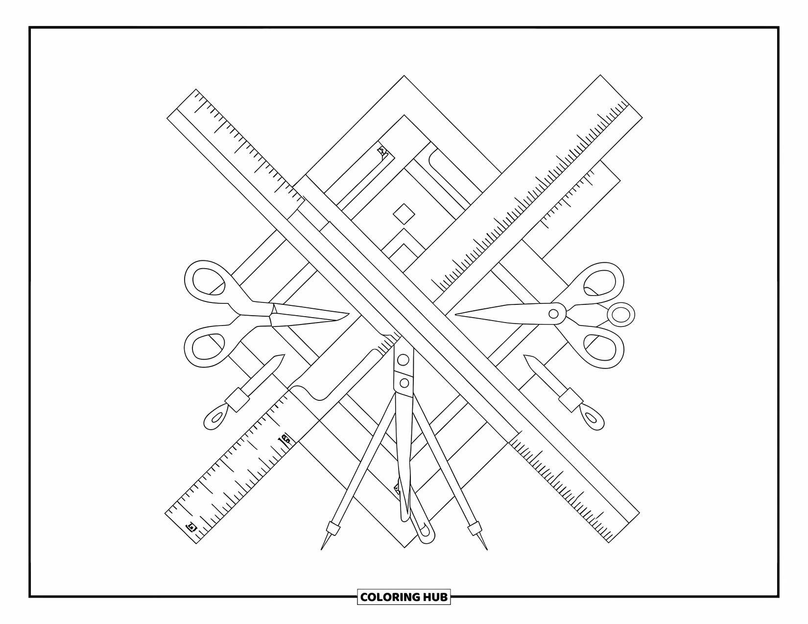 School Supplies Coloring Page for Adults: Scissors, rulers, and compasses arranged in a calming, geometric layout