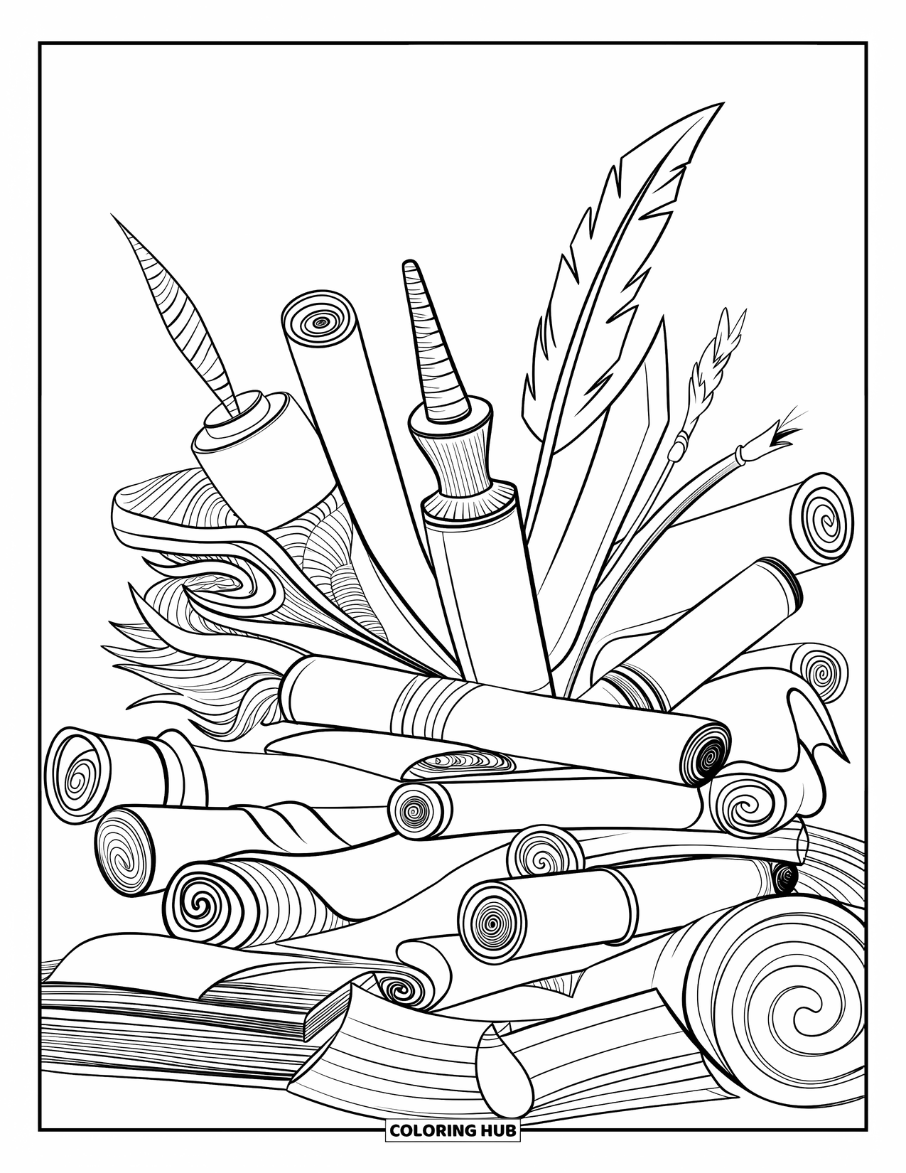 School Supplies Coloring Page for Adults: Scrolls, ink bottles, and quills rest together in an artistic little pile
