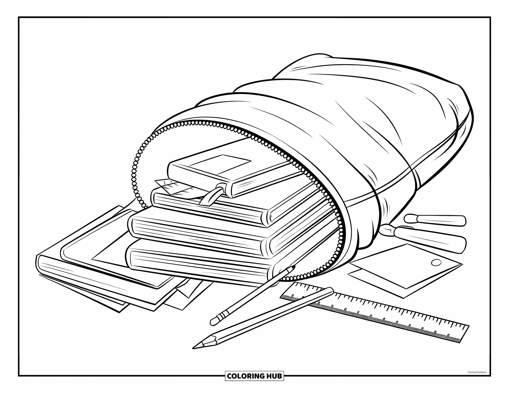 School Supplies Coloring Page for Kids: A backpack unzipped spills books, ruler, pencil, and paintbrush on the floor