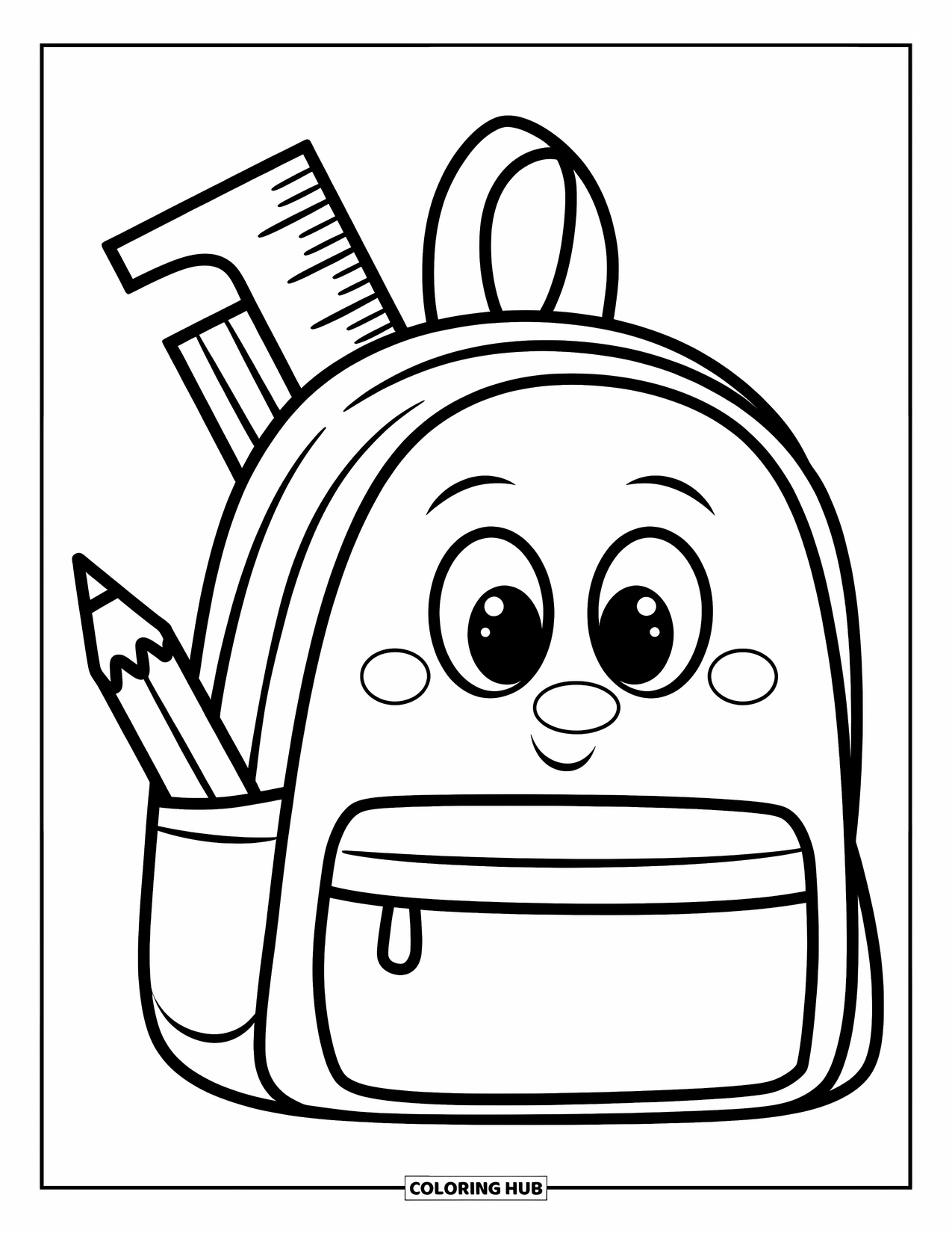 School Supplies Coloring Page for Kids: A backpack with a smiling face, big eyes, pencil, and ruler in its pocket