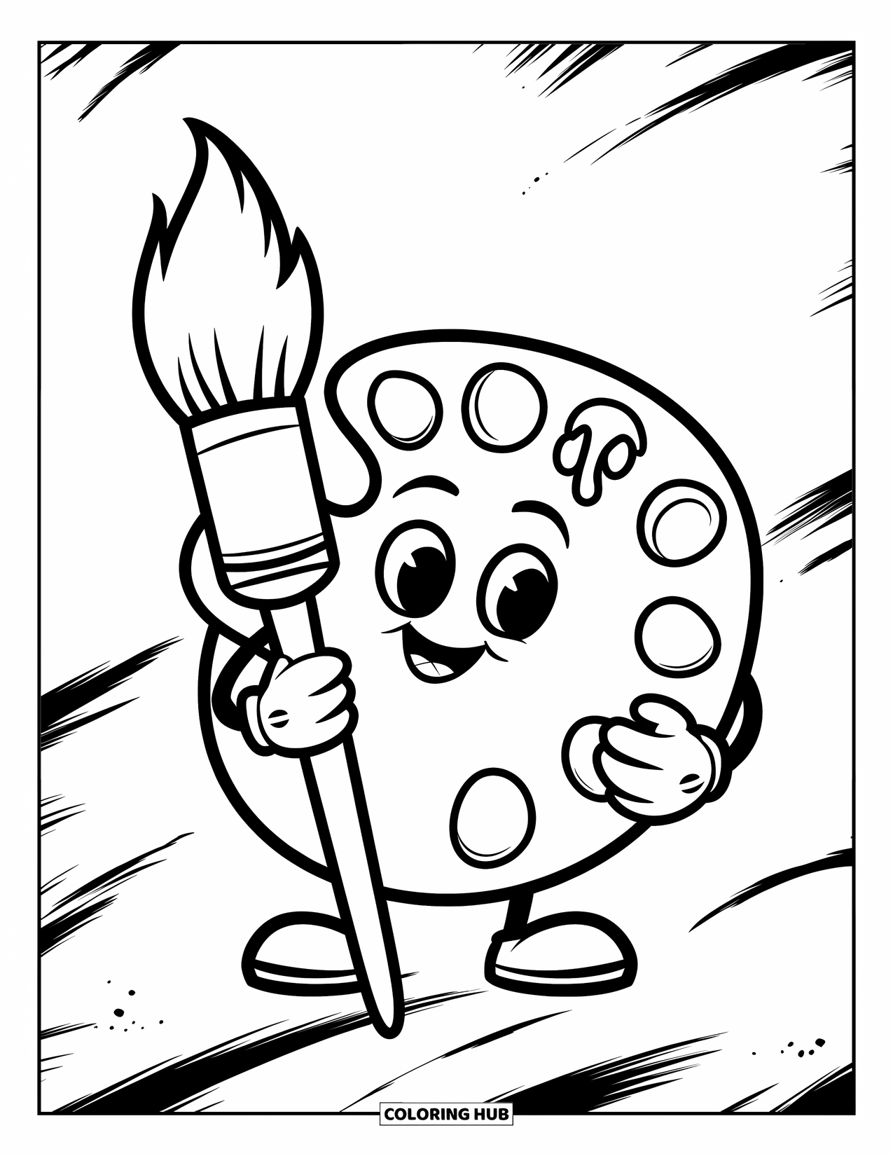 School Supplies Coloring Page for Kids: A big paintbrush holds a friendly palette with drips and brushstrokes behind