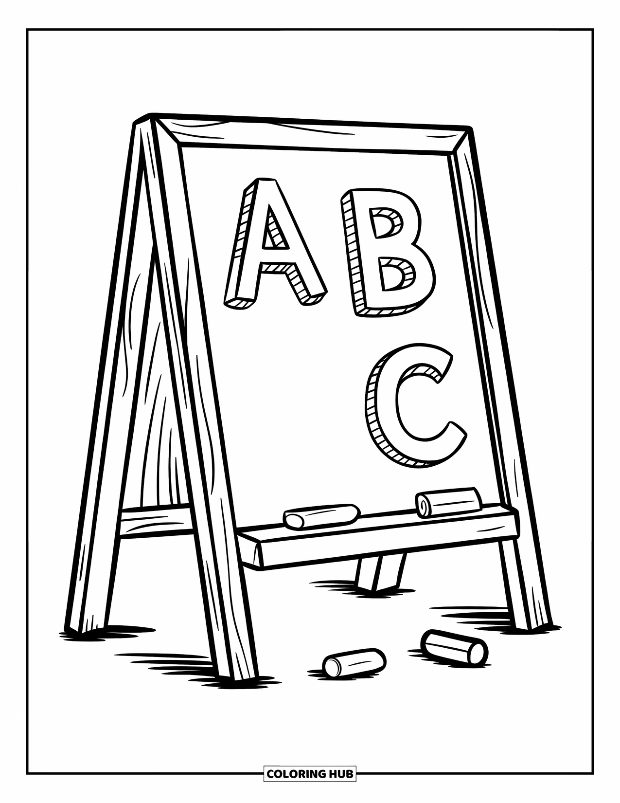 School Supplies Coloring Page for Kids: A chalkboard shows A B C letters on a stand with scattered chalk below