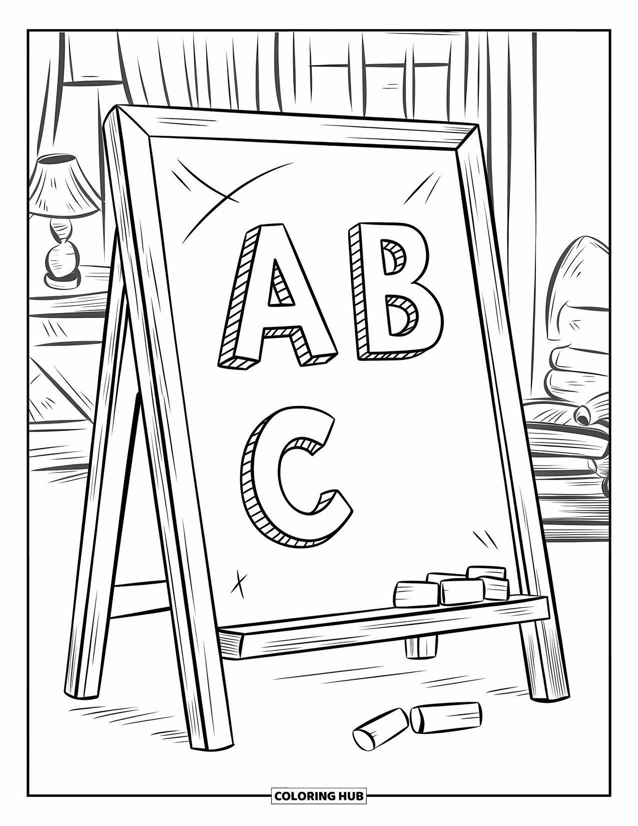 School Supplies Coloring Page for Kids: A chalkboard with A B C letters, chalk, books, window, and lamp in a room