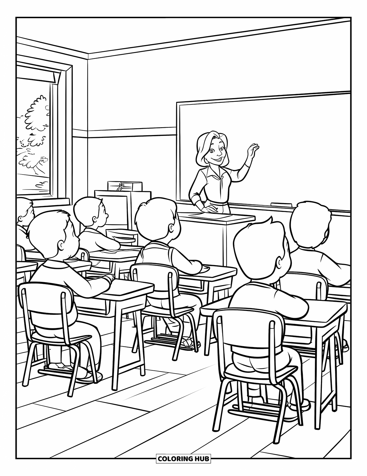 School Supplies Coloring Page for Kids: A classroom with desks, chairs, chalkboard, teacher writing, and students learning together