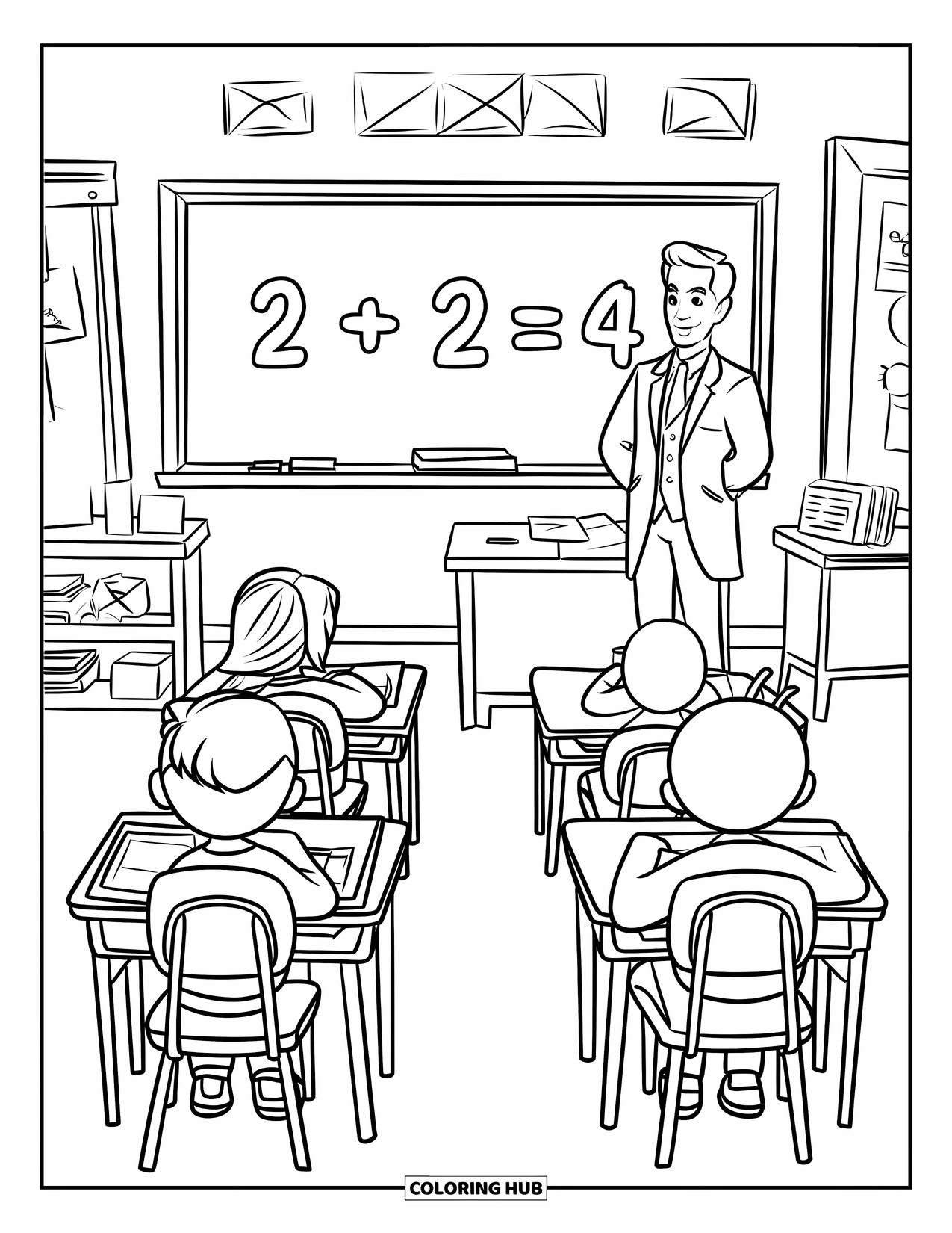School Supplies Coloring Page for Kids: A classroom with desks, chalkboard, teacher in suit, students, and fun decorations