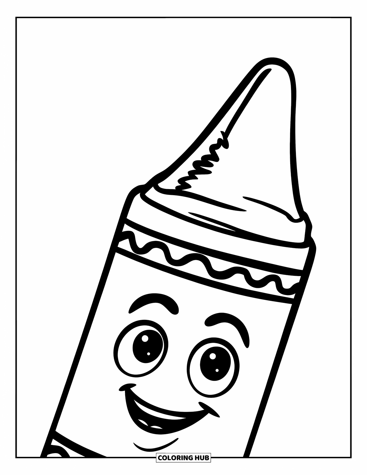 School Supplies Coloring Page for Kids: A friendly crayon with a smiling face stands alone
