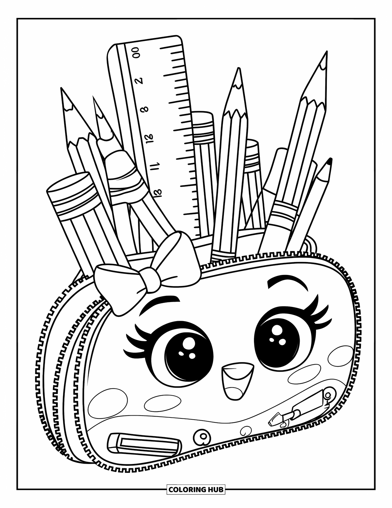 School Supplies Coloring Page for Kids: A giant pencil case with big zipper, bow, pencils, erasers, and a ruler inside