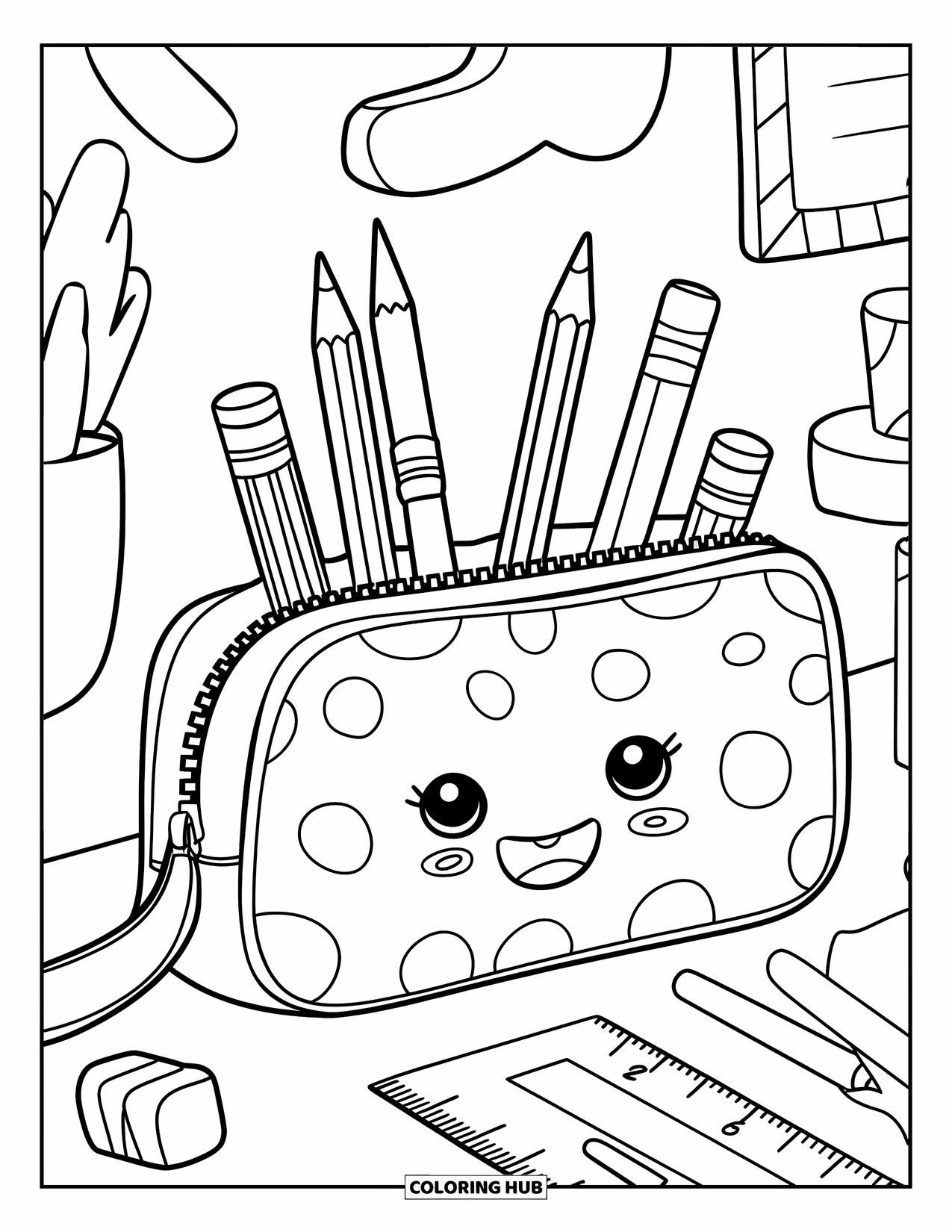 School Supplies Coloring Page for Kids: A giant pencil case with big zipper, pencils, erasers, ruler, and doodles behind