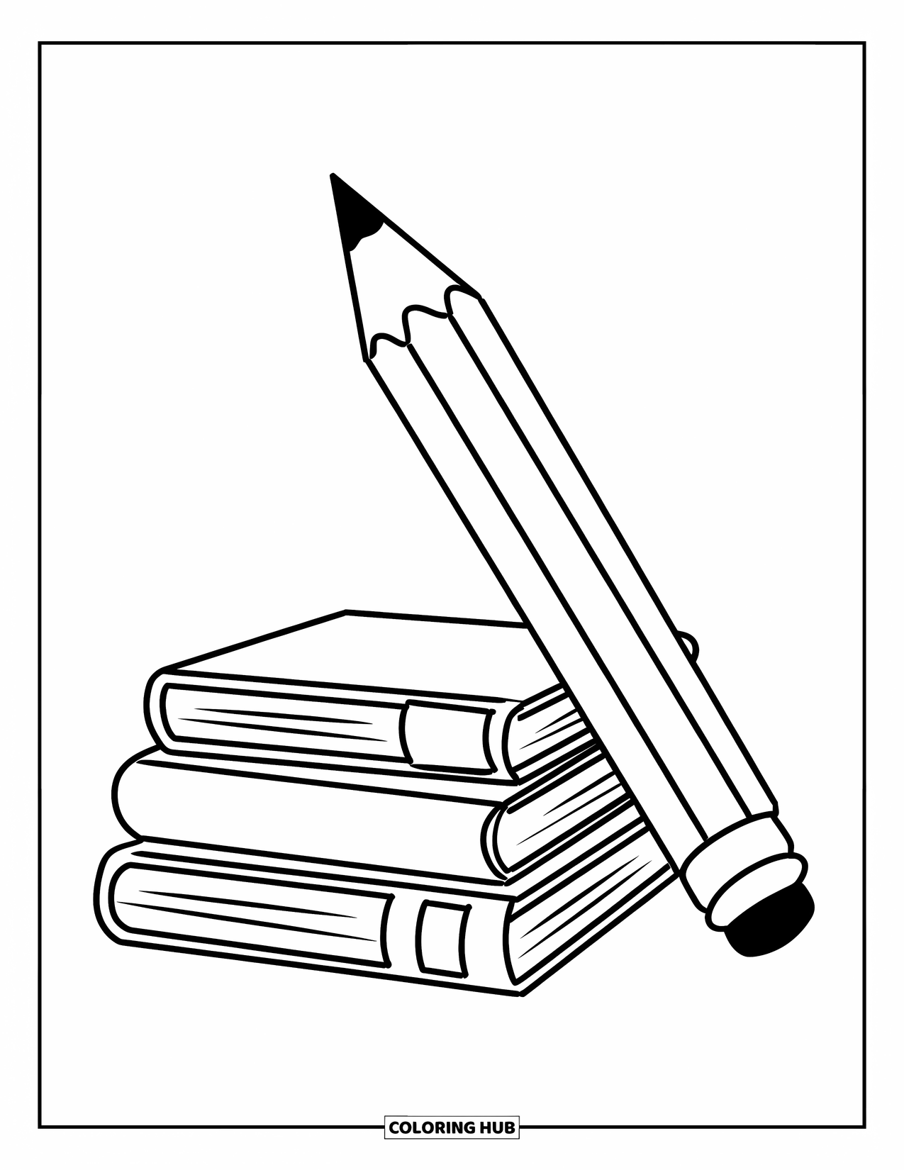 School Supplies Coloring Page for Kids: A giant pencil leans against three stacked books with a friendly vibe