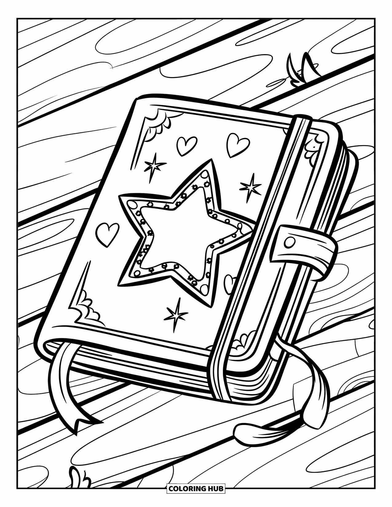 School Supplies Coloring Page for Kids: A notebook with a big star, ribbon, hearts, and flowers sits on wood