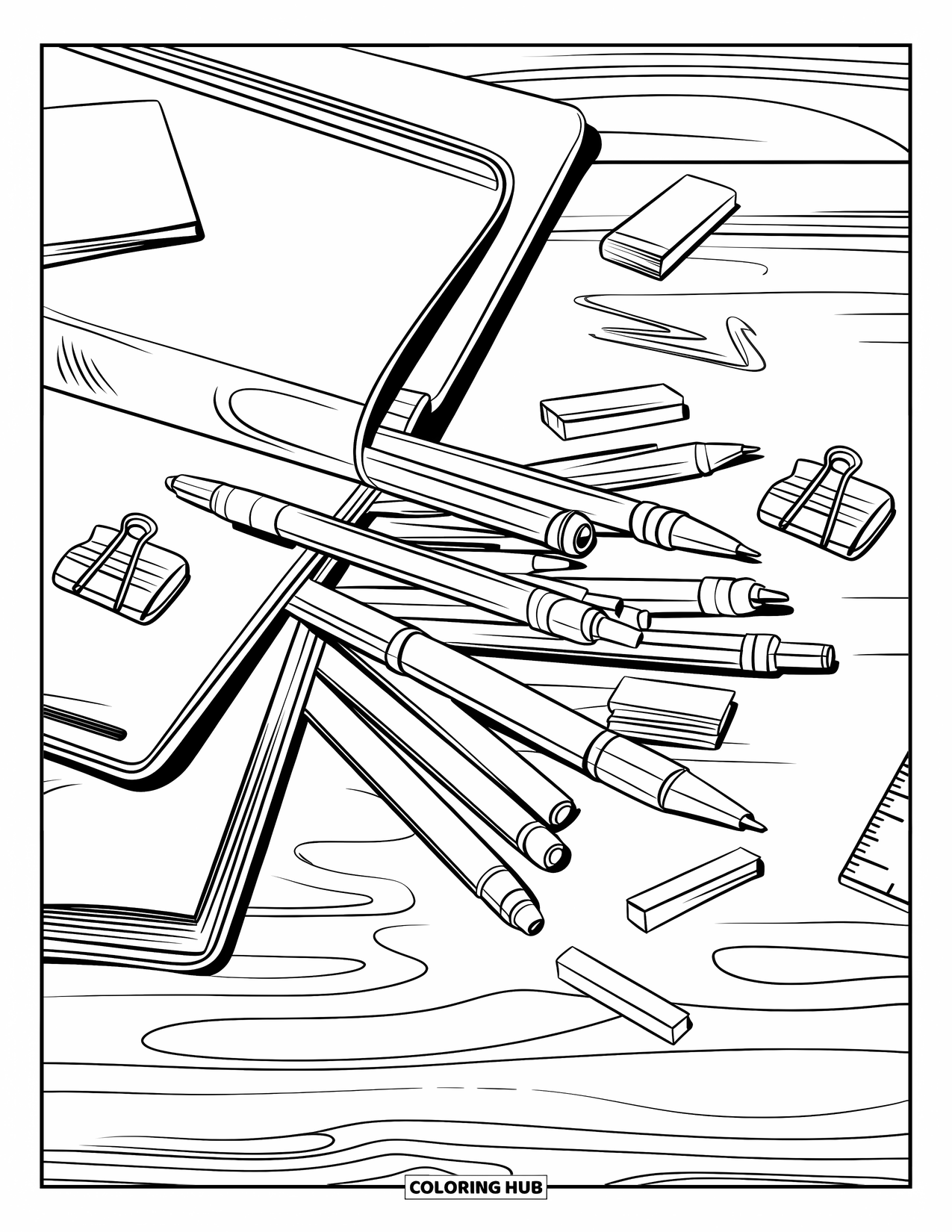 School Supplies Coloring Page for Kids: A pencil case spills pens and notes beside books and a ruler on wood