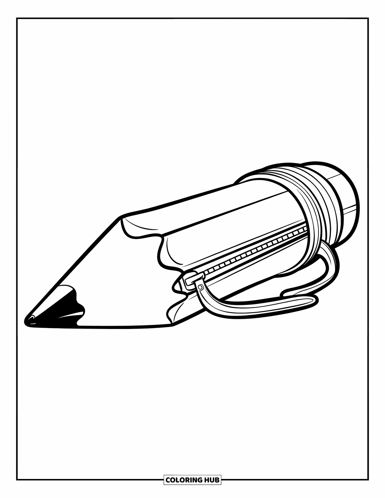 School Supplies Coloring Page for Kids: A pencil-shaped pencil case with a big zipper and long body sits alone