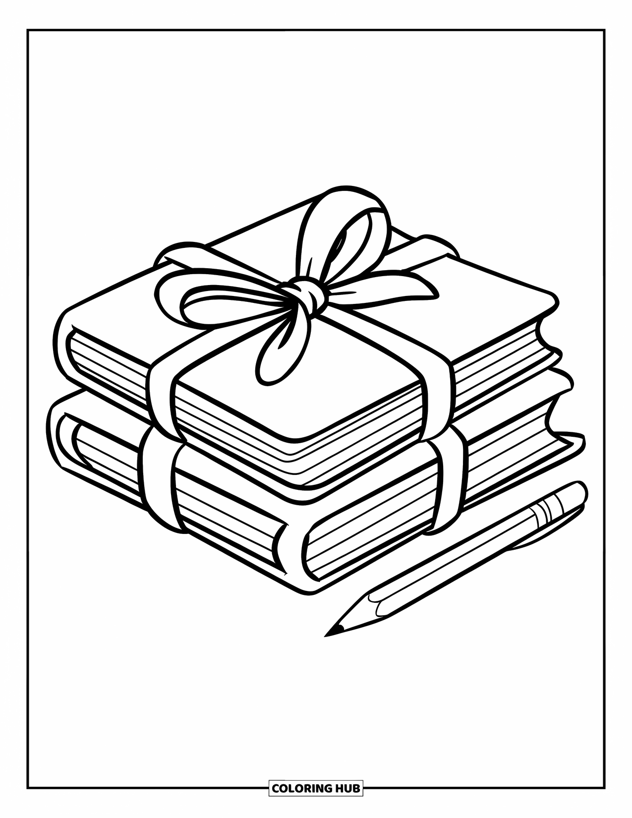 School Supplies Coloring Page for Kids: A pyramid stack of books tied with a ribbon bow next to a pencil
