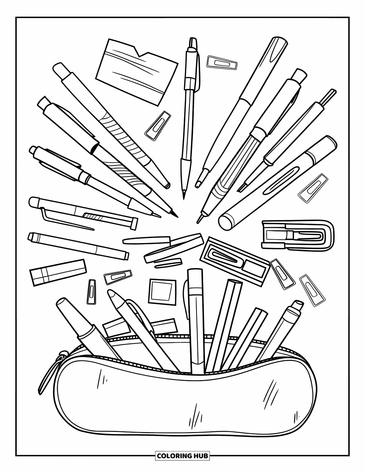 School Supplies Coloring Page for Kids: A round pencil case spills various pens, sticky notes, and clips around it
