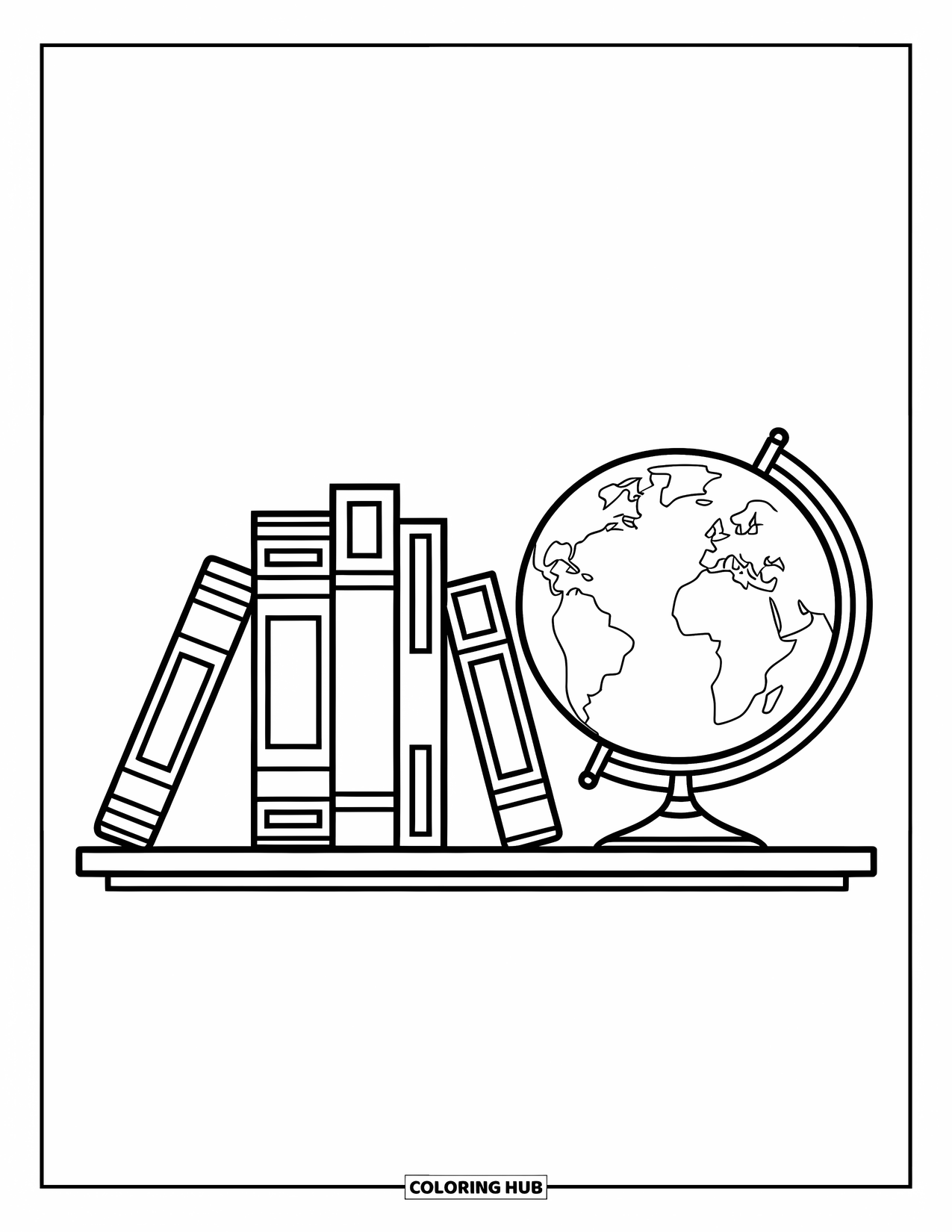 School Supplies Coloring Page for Kids: A row of books stand beside a globe showing continents on a shelf