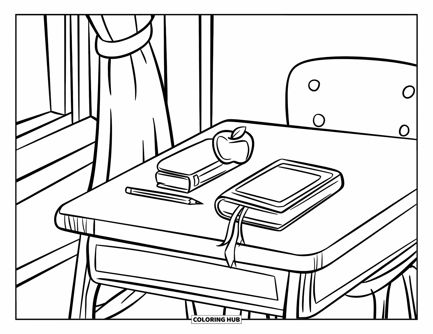 School Supplies Coloring Page for Kids: A school desk holds a cute book, pencil, green apple, and small box by a window