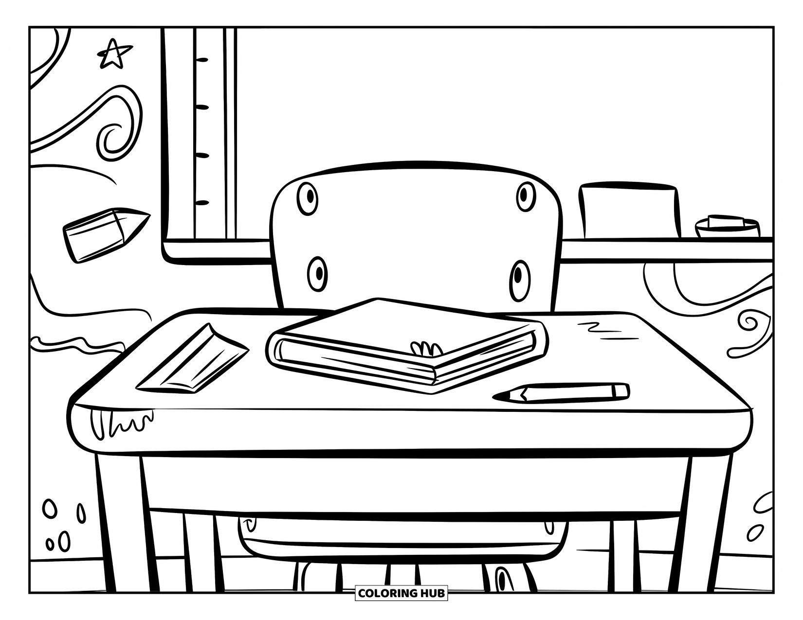 School Supplies Coloring Page for Kids: A school desk holds a cute book, pencil, ruler, and a doodled whiteboard behind
