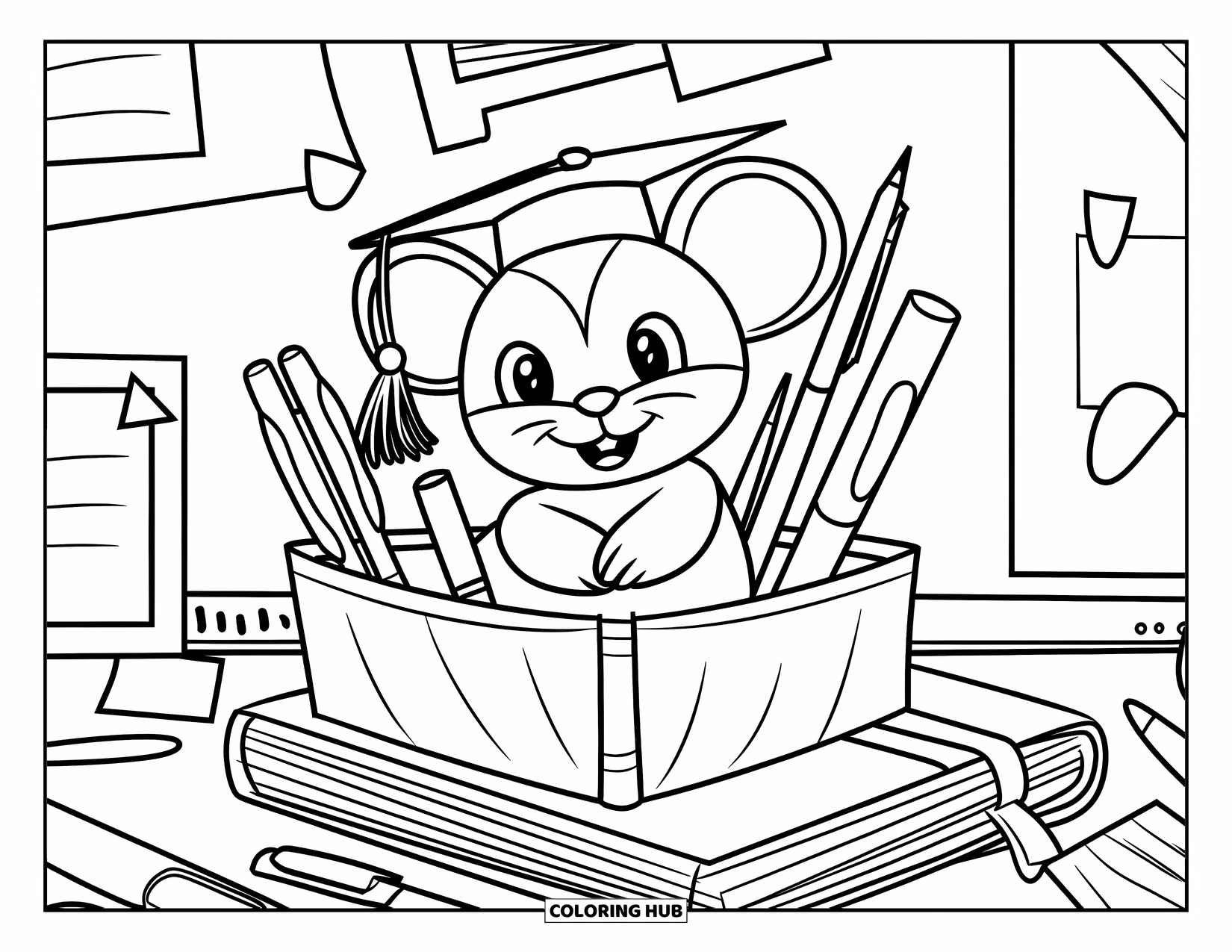 School Supplies Coloring Page for Kids: A small mouse with a graduation cap sits on a book with scattered pens and notes