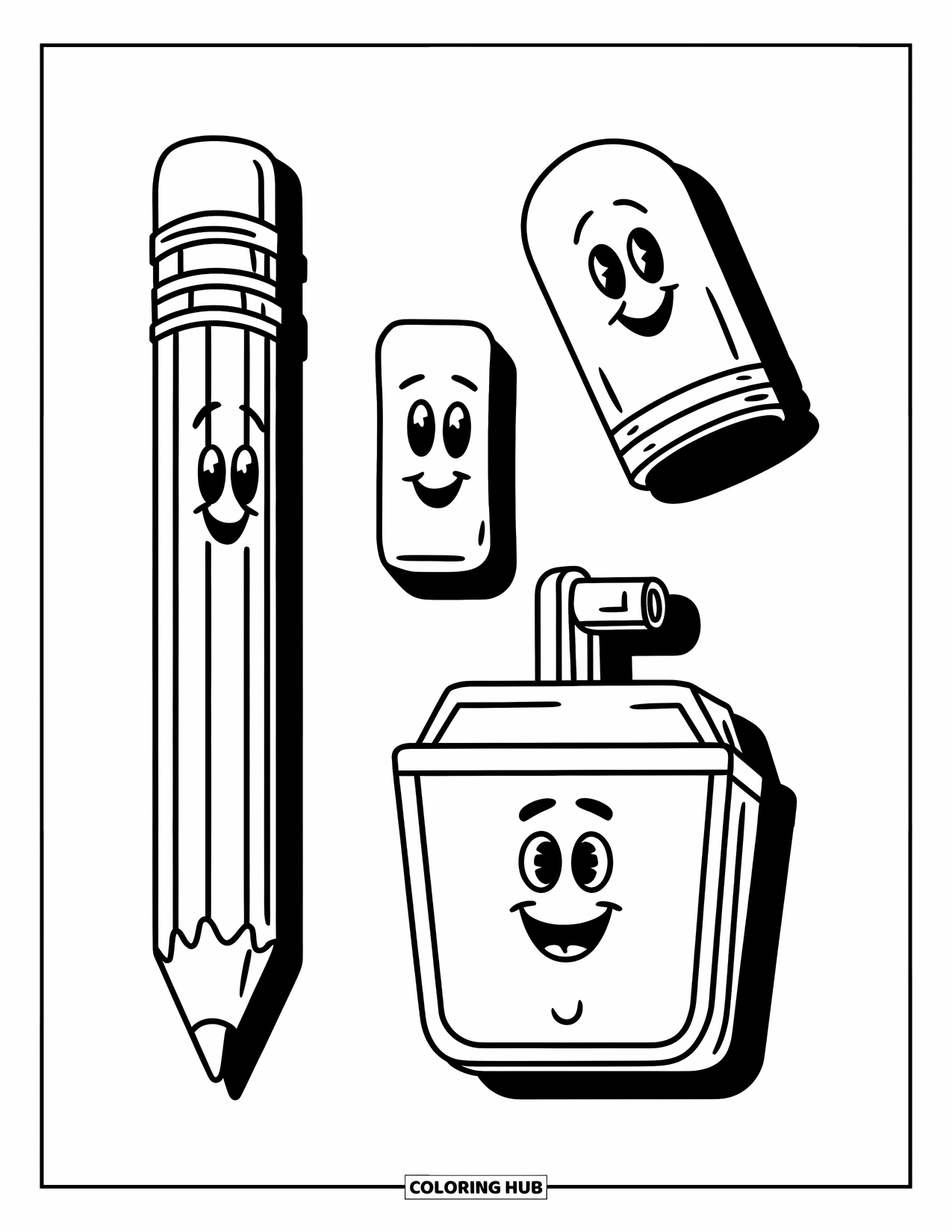 School Supplies Coloring Page for Kids: A smiling pencil, eraser, and sharpener stand together neatly