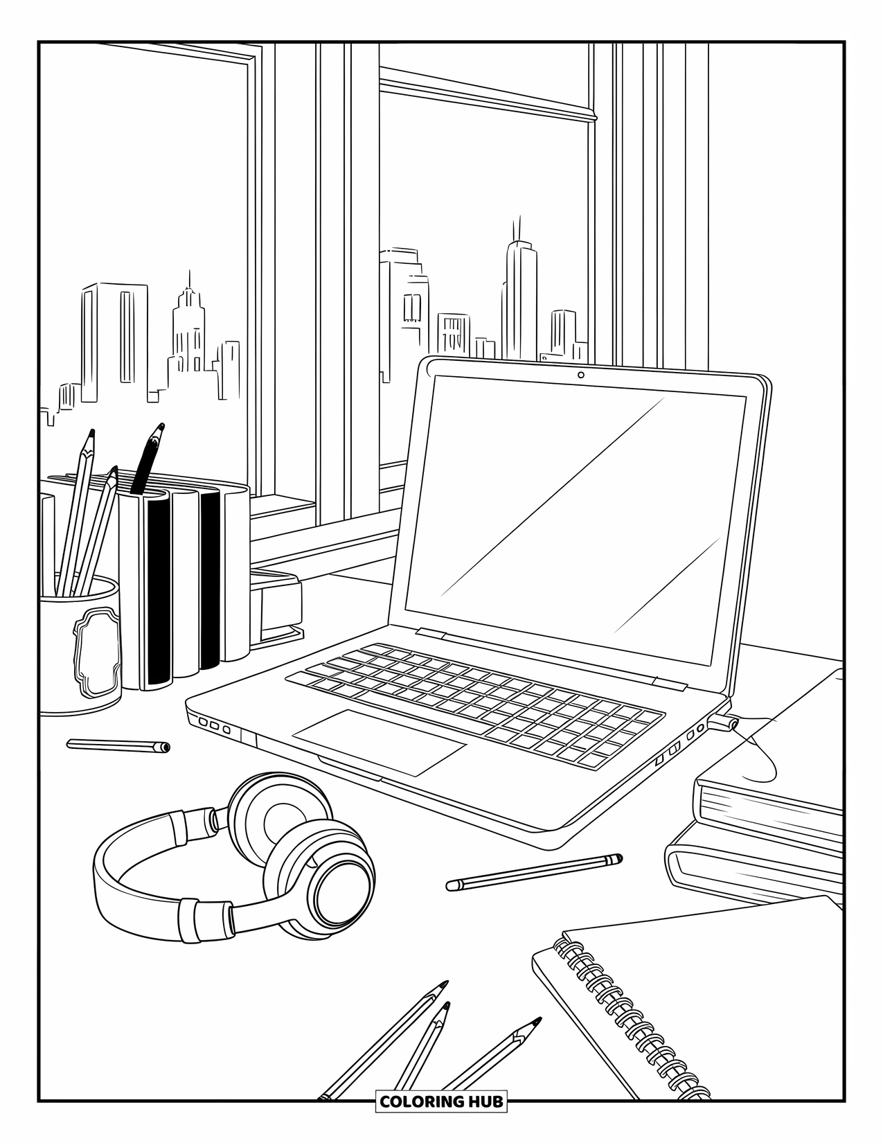 School Supplies Coloring Page for Kids: A study desk with laptop, headphones, books, scattered pencils, and a city view