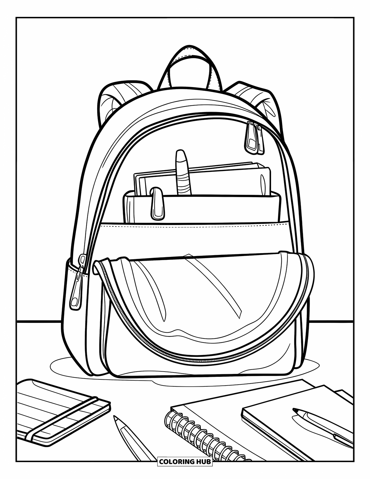School Supplies Coloring Page for Kids: A stylish backpack on a table with notebooks and stationery arranged nearby