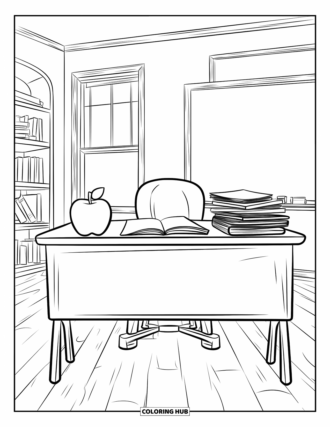 School Supplies Coloring Page for Kids: A teacher's desk with apple, papers, coffee, bookshelves, window, chalkboard, and wooden floor
