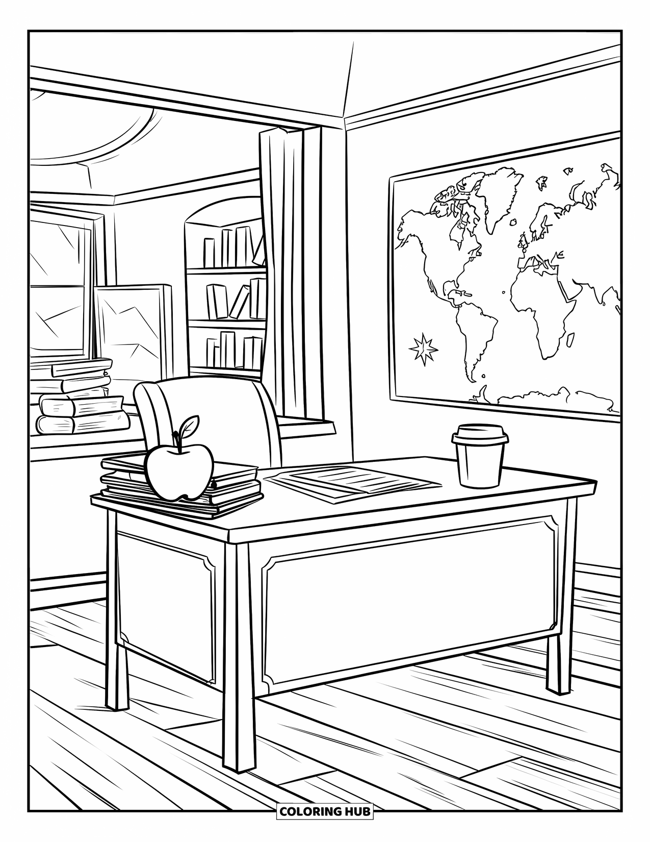 School Supplies Coloring Page for Kids: A teacher's desk with apple, papers, coffee, world map, bookshelves, window, and chalkboard