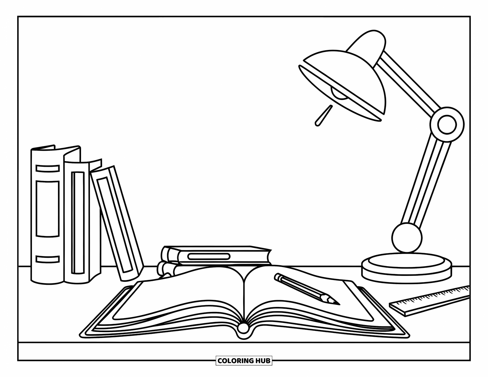 School Supplies Coloring Page for Kids: A tidy desk holds an open notebook, pencils, ruler, books, and a lamp