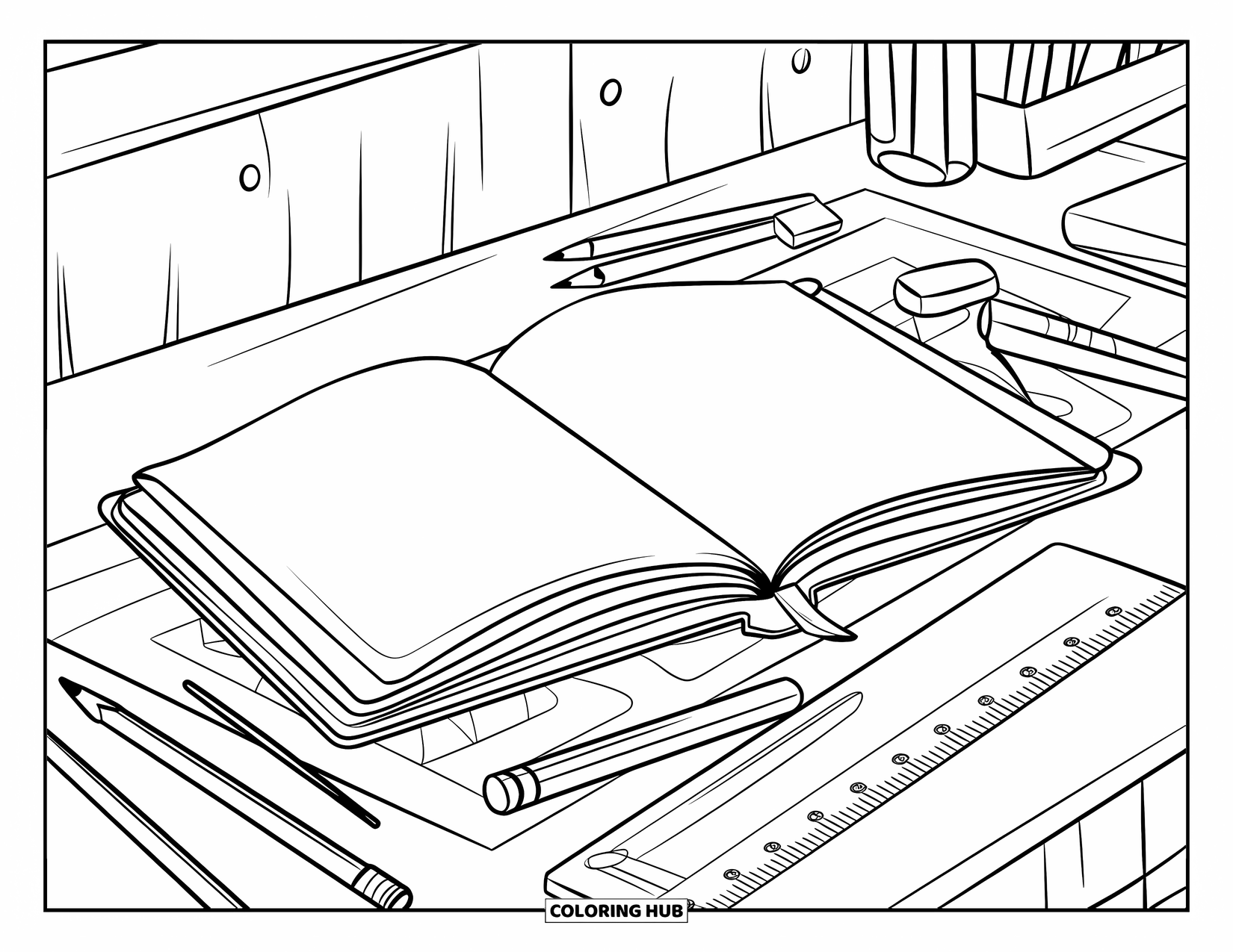 School Supplies Coloring Page for Kids: A tidy desk with an open notebook, pencils, ruler, and eraser on a rug