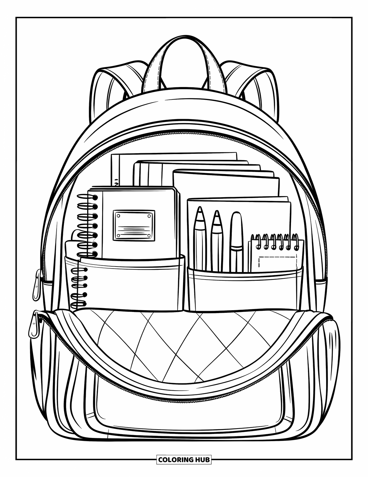 School Supplies Coloring Page for Kids: An open backpack holds neat notebooks, pens, and a ruler inside