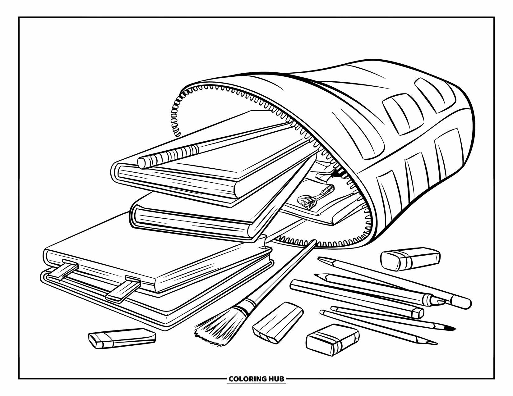 School Supplies Coloring Page for Kids: An open backpack spills books, pencils, erasers, and a paintbrush onto the ground