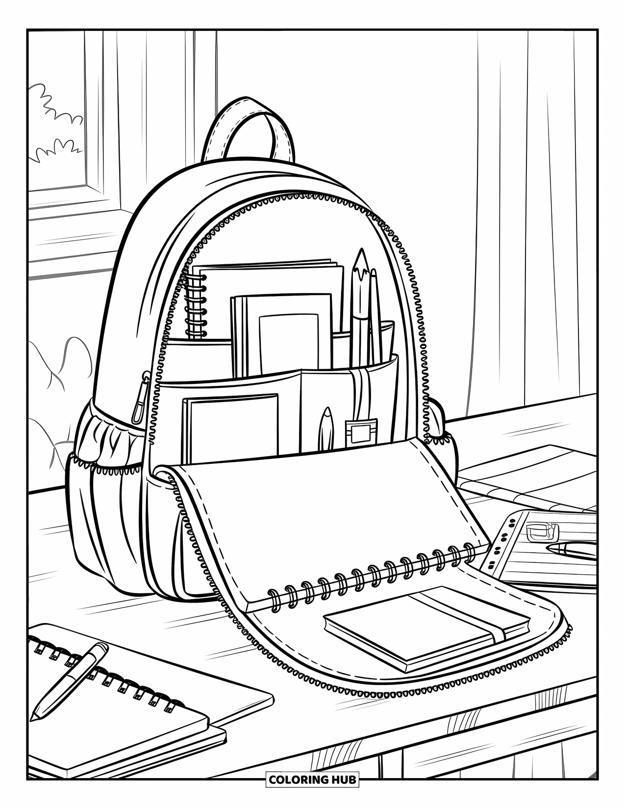 School Supplies Coloring Page for Kids: An open backpack with notebooks and stationery sits on a table in a cozy room