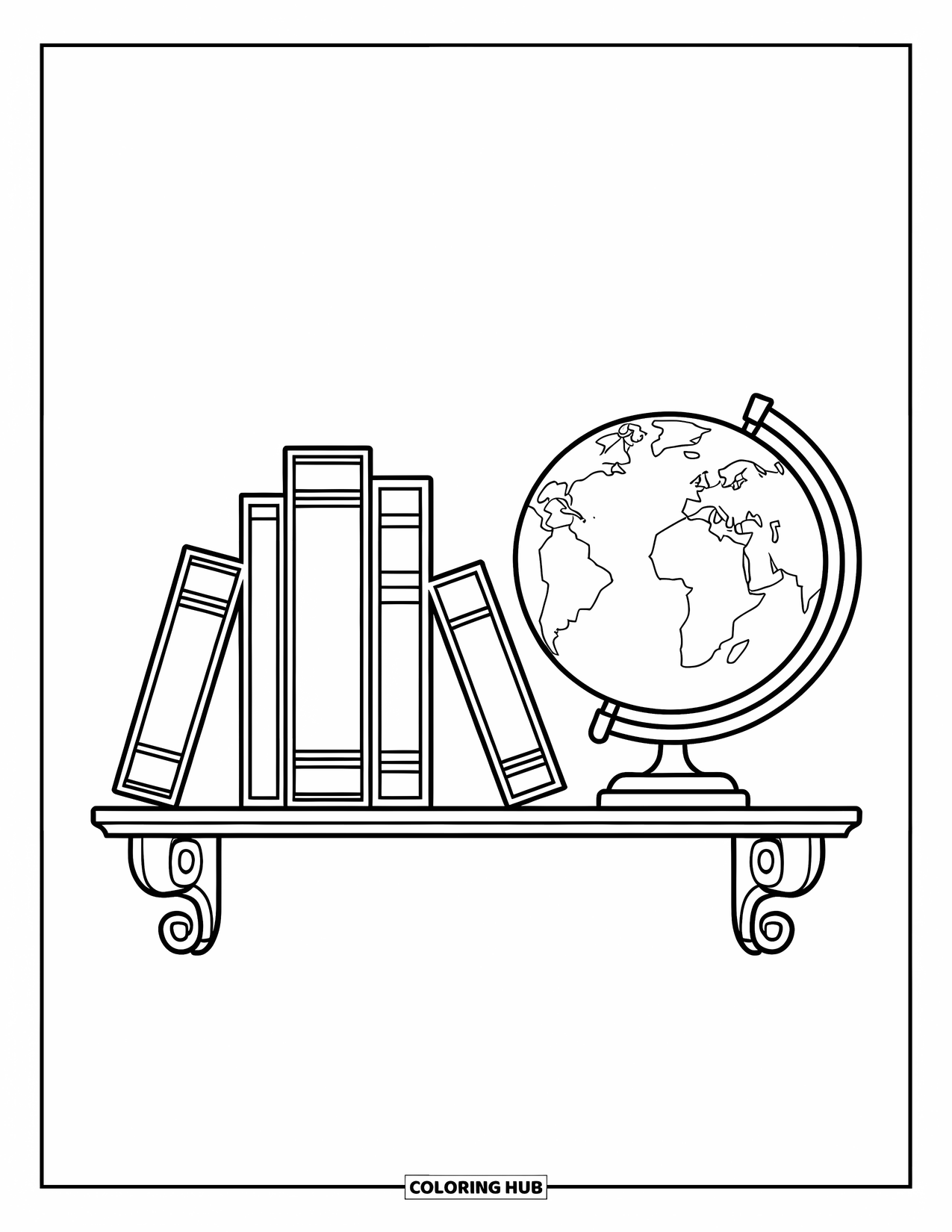 School Supplies Coloring Page for Kids: Books and a globe rest on a curved wooden shelf with a small lamp
