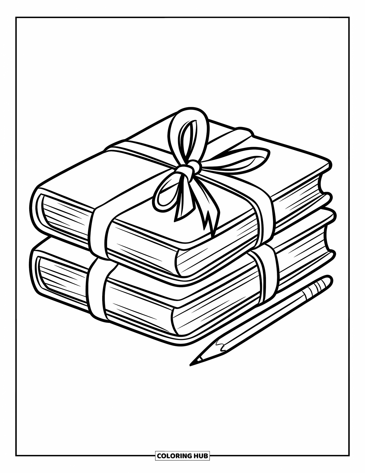 School Supplies Coloring Page for Kids: Books tied with a ribbon sit beside a pencil neatly placed