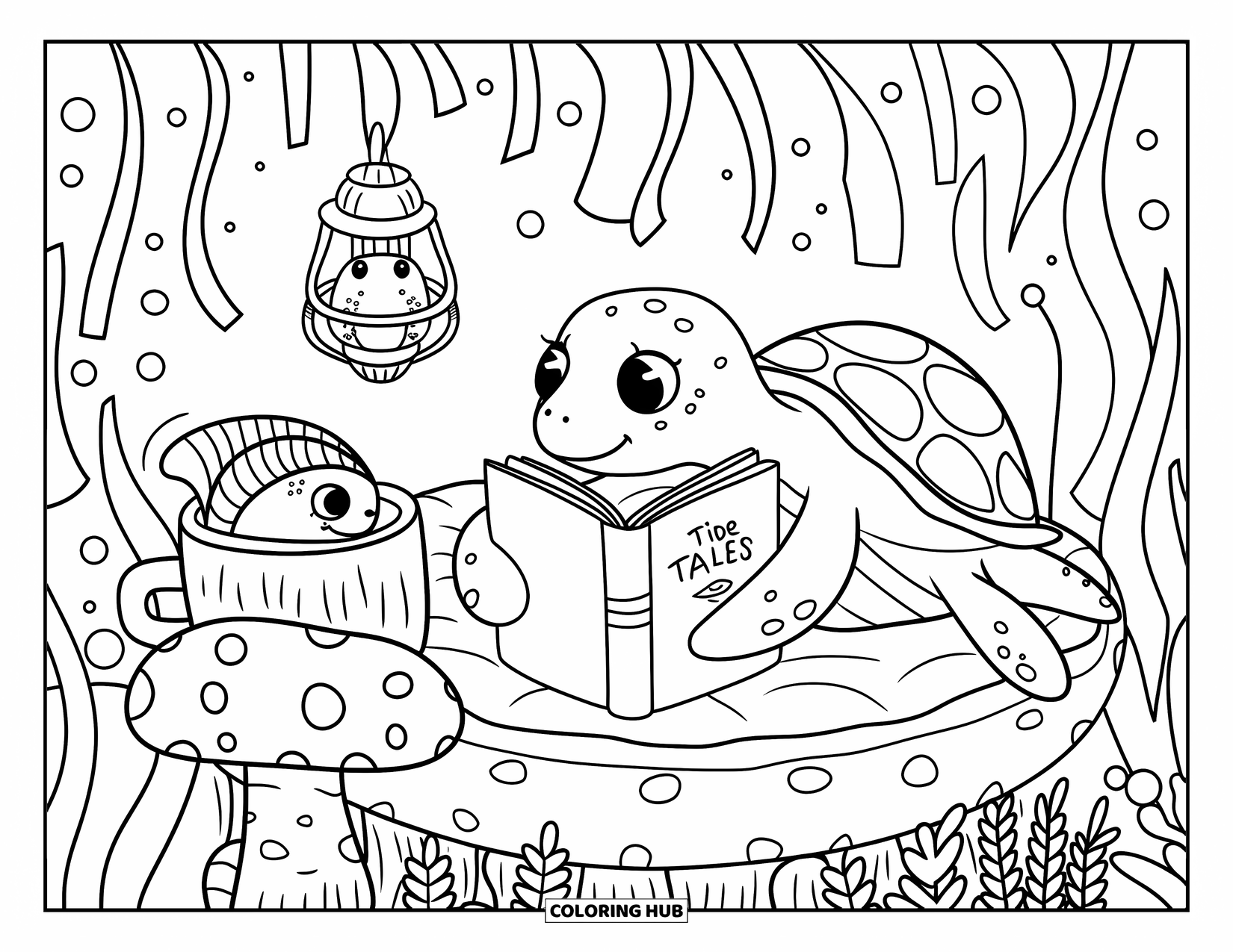 Sea Animal Coloring Page for Adults: A cozy nook with a turtle reading, a snoozing fish, and a glowing lanternfish