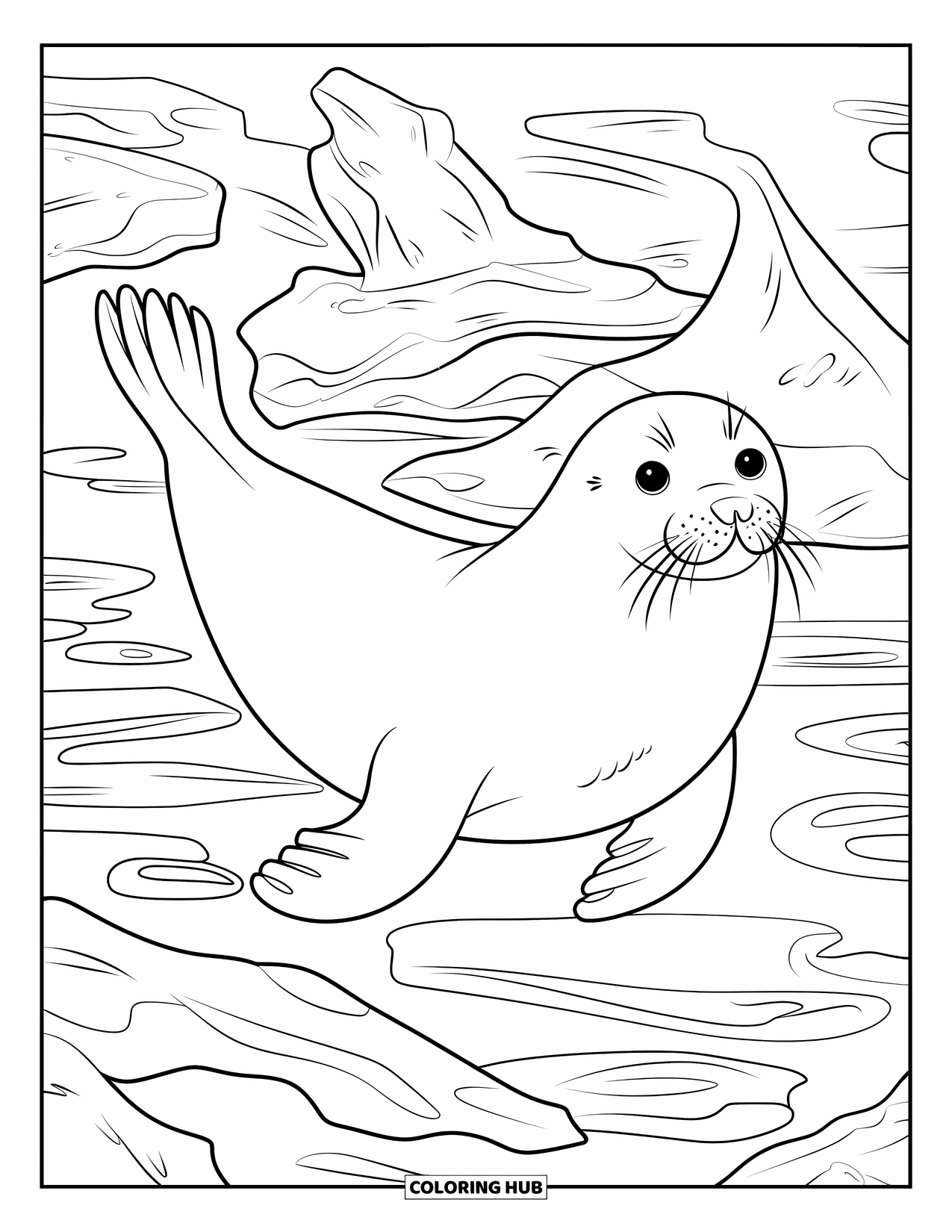 Sea Animal Coloring Page for Adults: A harp seal swims past icy structures and swirling water shapes underwater