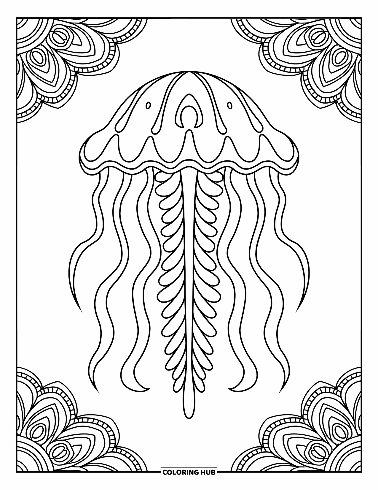 Sea Animal Coloring Page for Adults: A mandala jellyfish with flowing shapes and symmetrical tentacles sits in the center
