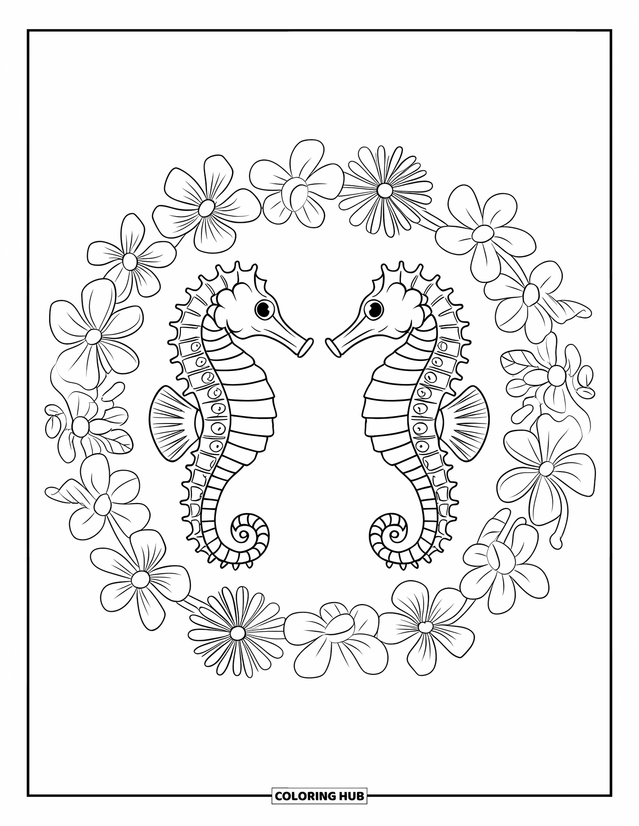 Sea Animal Coloring Page for Adults: A pair of patterned seahorses meet within a reef circle of bold flowers