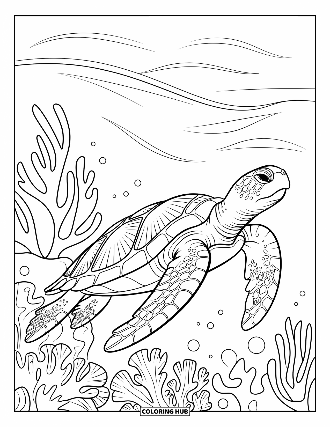 Sea Animal Coloring Page for Adults: A patterned sea turtle drifts beside coral and kelp in calm ocean waters