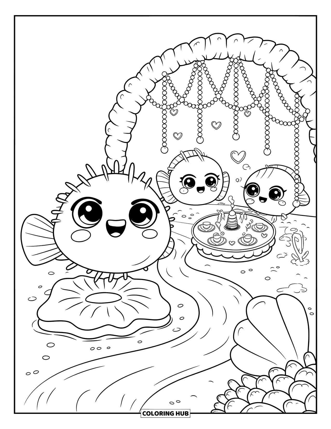 Sea Animal Coloring Page for Adults: A pufferfish bounces on jelly with shrimp cheering nearby under a coral arch