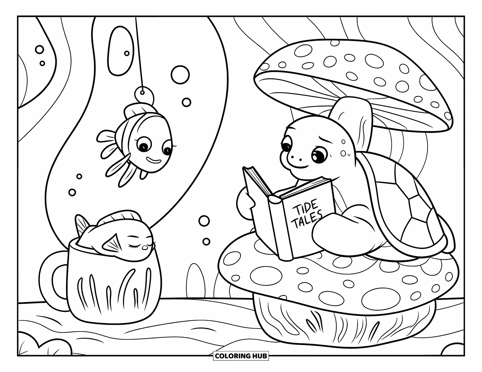 Sea Animal Coloring Page for Adults: A sea turtle reads "Tide Tales" on coral while a sleepy fish snoozes nearby