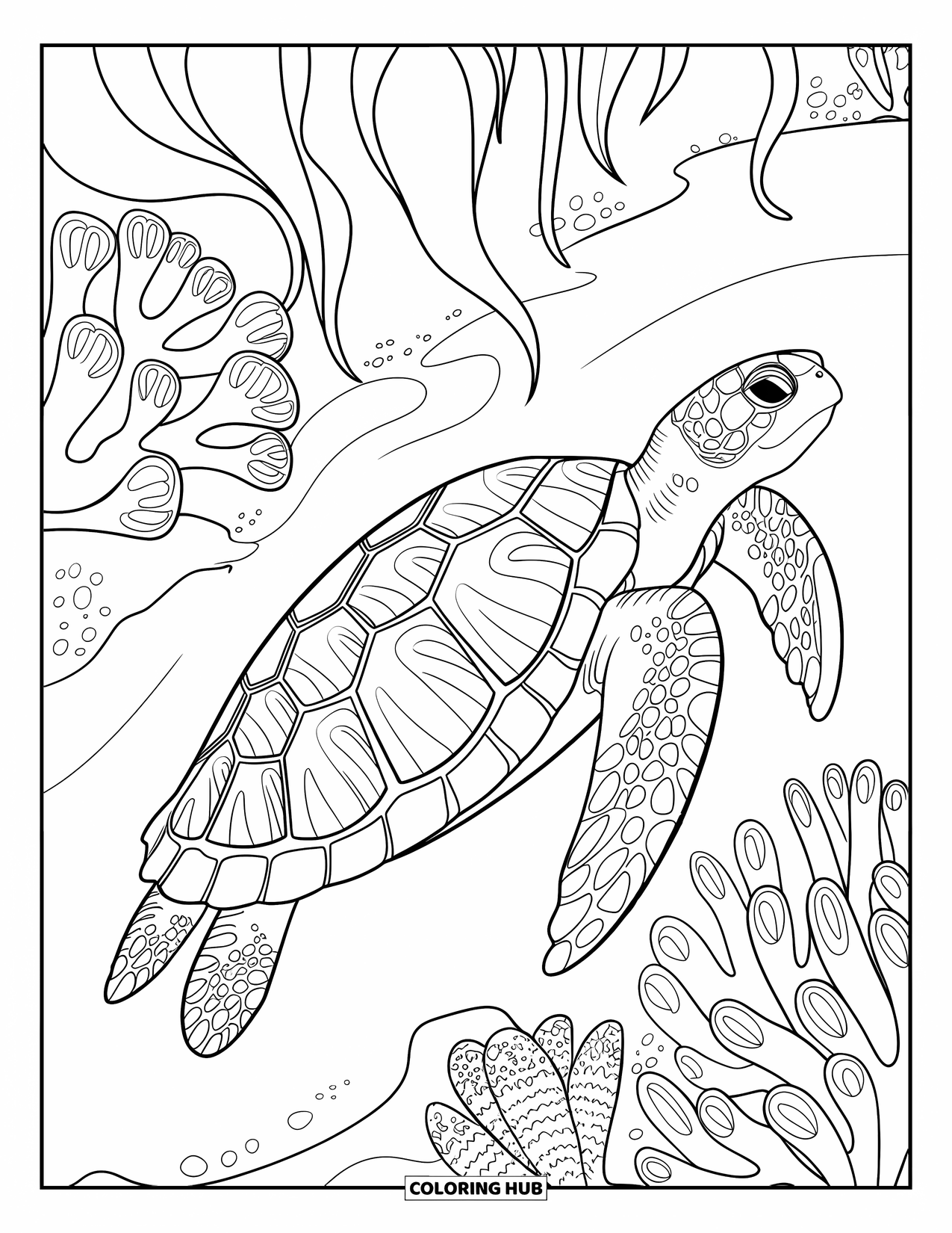 Sea Animal Coloring Page for Adults: A sea turtle with intricate patterns glides among coral and soft swaying kelp