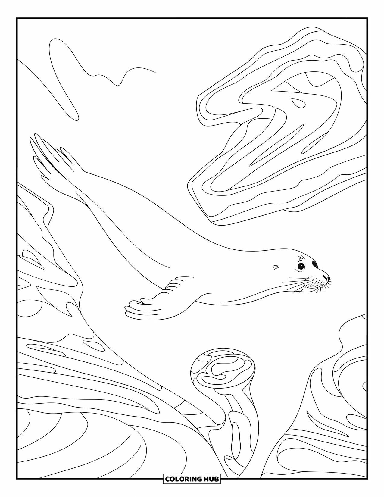 Sea Animal Coloring Page for Adults: A sleek harp seal swims through clear water with ice structures and swirls