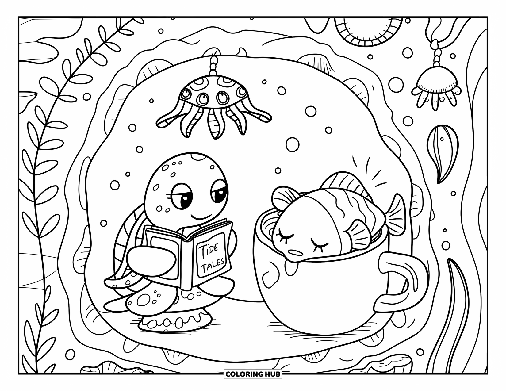 Sea Animal Coloring Page for Adults: A turtle reads "Tide Tales" on coral with a sleepy fish and glowing lanternfish nearby