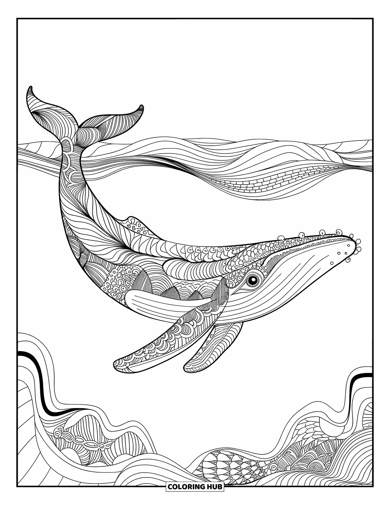 Sea Animal Coloring Page for Adults: A whale swims in waves with Zentangle patterns and abstract marine textures
