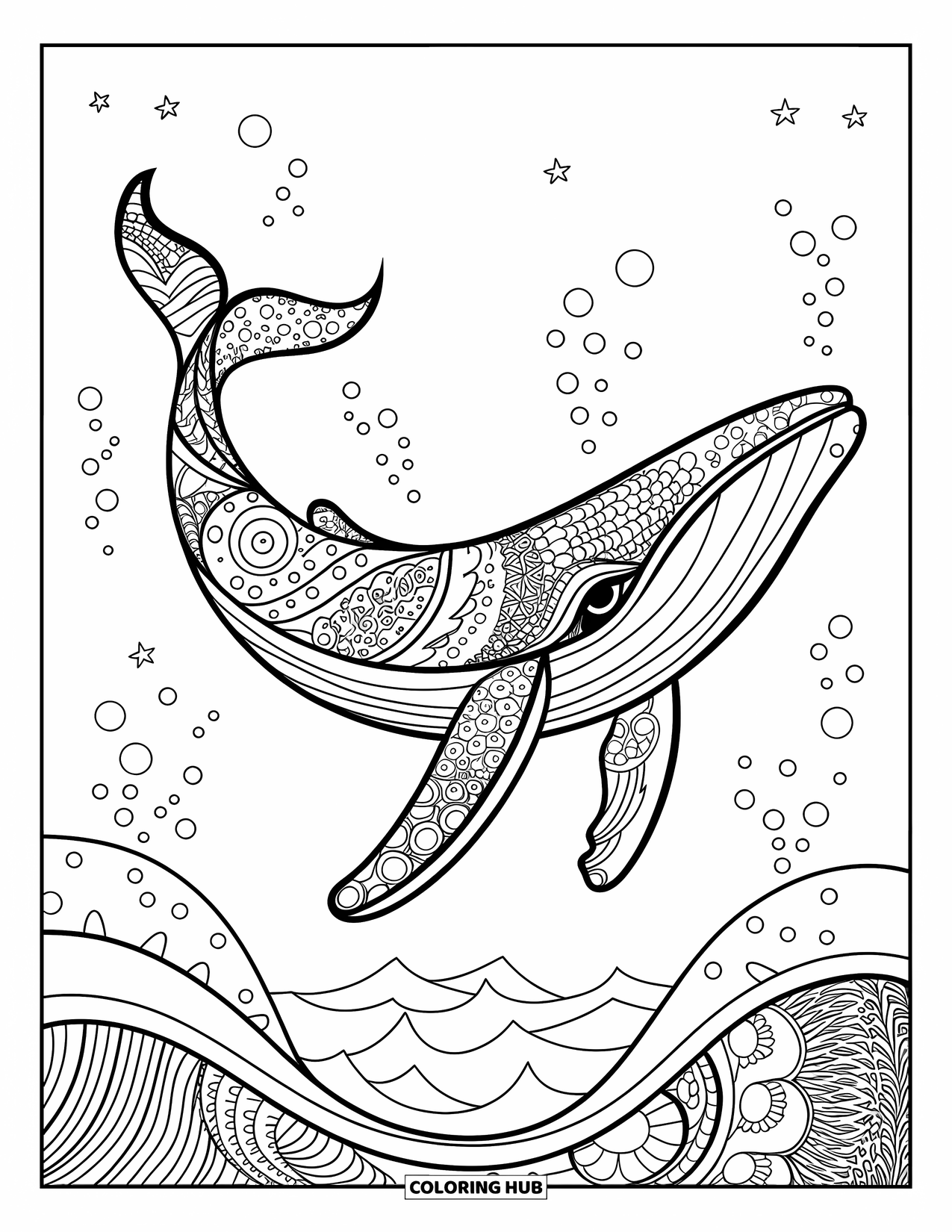 Sea Animal Coloring Page for Adults: A whale swims with body segments filled with Zentangle patterns and ocean textures